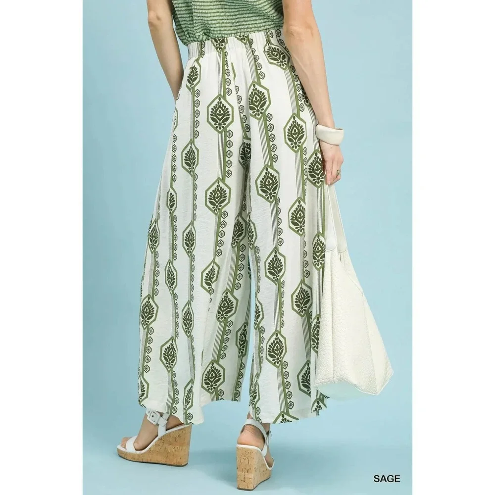 Umgee Geometric Boho Print Wide Leg Pants -‎ Medium